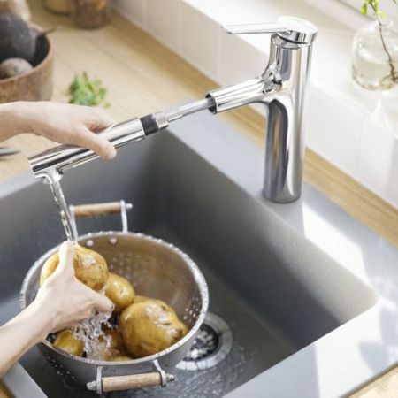 Смеситель для кухни, Hansgrohe, Zesis M33, тип открывания воды-однорычажный, тип регулирования воды-керамический картридж, монтаж-на раковину/столешницу, отверстия для монтажа-1, высота, мм-214, вынос излива, мм-219, тип излива-выдвижной, поворотный 150°,, артикул 74800000