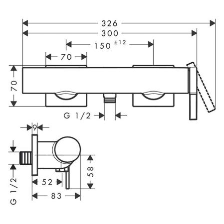 Смеситель для душа, Hansgrohe, Tecturis E, на 1 потребитель, тип открывания воды-однорычажный, тип регулирования воды-керамический картридж, монтаж-настенный, отверстия для монтажа-2, шланговое соединение DN15, цвет-хром, артикул 73620000