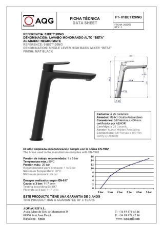 AQG Beta, высокий однорычажный смеситель для раковины без донного клапана, цвет черный матовый, артикул 01BET120NG