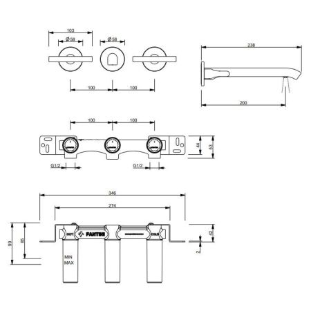 FANTINI SAILING Смеситель для раковины настенный встраиваемый, двухвентильный, внешняя часть, цвет Matt Gun Metal PVD