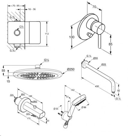 Душевой комплект, Kludi, BOZZ, смеситель-в комплекте, монтаж смесителя-настенный встраиваемый, тип открывания воды-однорычажный, тип регулирования воды-керамический картридж, внутренняя часть-в комплекте, излив-есть, вынос излива, мм-170, верхний душ-есть, артикул 386310576