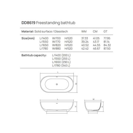Ванна, DEA Design, Shadow, ширина, мм-1650, глубина, мм-820, высота, мм-520, водоизмещение (л)-290, тип установки-отдельностоящий, форма-овальная, материал-Solid surface, цвет-белый матовый (Matt White, Bianco Opaco)