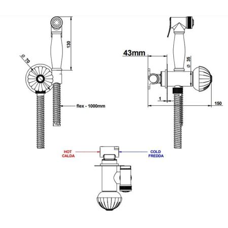 BONGIO RADIANT Гигиенический душ с прогрессивным смесителем, шланг 1200 мм., держатель с подводом воды, внешняя часть, цвет золото, артикул 02916OREU