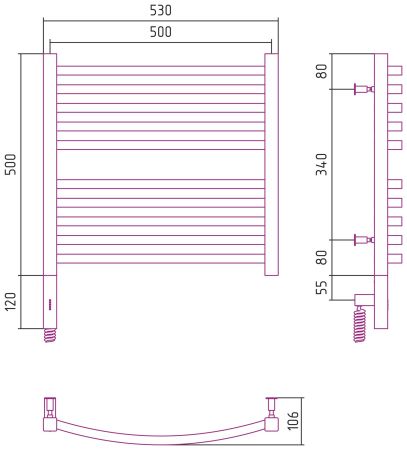 Полотенцесушитель, Сунержа, Аркус 3.0, электрический, ширина, мм-530, глубина, мм-106, высота, мм-620, межосевое расстояние-500, перемычка-выгнутая, подключение-нижнее слева, электрокомплект-МЭМ, мощность, Вт-300, материал-нержавеющая сталь, назначение-си, артикул 00-5704-5050