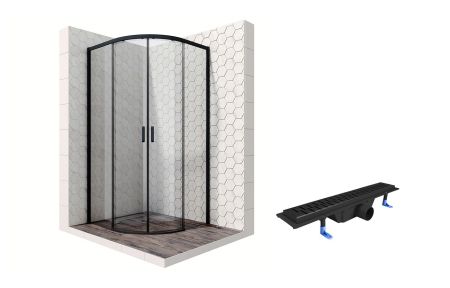 Душевой уголок Ambassador Queen Black 11011201-ST3, полукруглый, линейный трап, 90х90, артикул 11011201-ST3