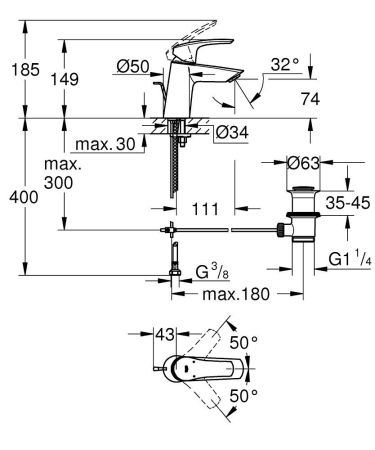 Смеситель для раковины  GROHE EUROSMART 23965003 (хром, L-11,1 H-7,4), шт