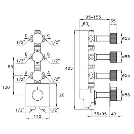 Stella Sirius Внешняя часть встраиваемого термостатического смесителя на 3 источника. цвет nero matt PVD