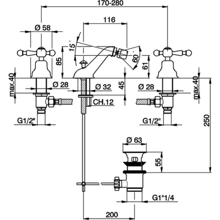 CISAL Arcana America Смеситель для биде на 3 отверстия, с донным клапаном, цвет золото