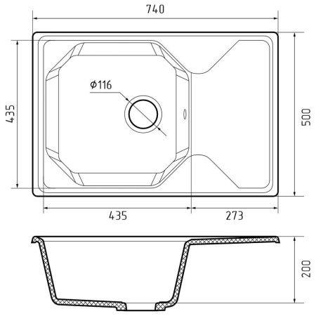 Кухонная мойка GranFest UNIQUE 740L, кашемир, артикул U-740L кашемир