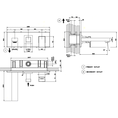 Gessi Rettangolo Встраиваемый смеситель с изливом и переключателем PUSH(внешние части), цвет: хром, артикул 44906#031