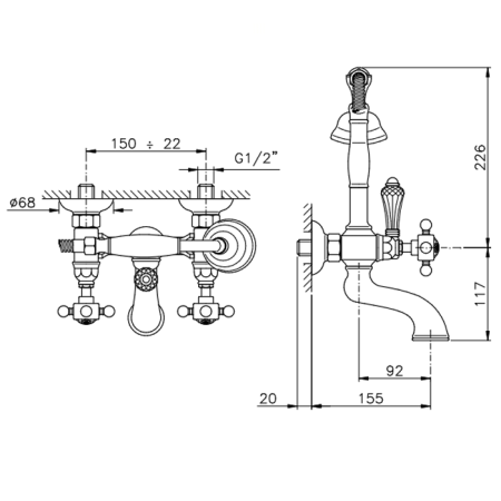 Nicolazzi El Capitan Смеситель для ванны на 2 отверстия, с ручным душем, цвет: золото