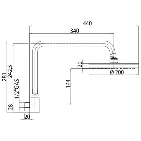 Bossini Oki Душевая лейка D=200 мм с поворотной рукояткой 281 мм, хром, артикул H59405.030