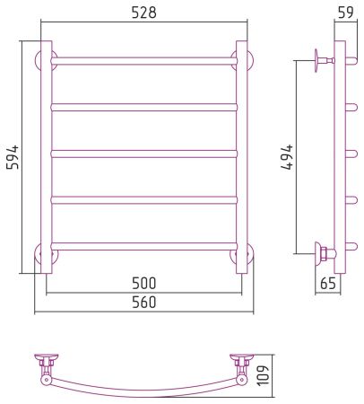 Полотенцесушитель водяной СТИЛЬЕ "Версия-Н2" 600х500 (5) Г 18 (Чёрный)