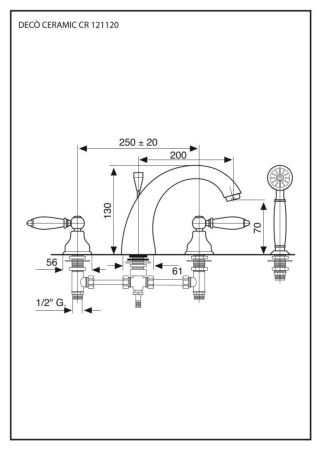 Emmevi Deco Ceramic, смеситель с ручным душем на борт ванны, цвет хром, артикул 121120/CR