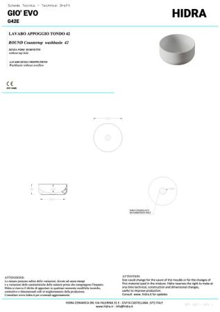 Hidra Gio, накладная круглая раковина Ø42х15h см, цвет белый глянцевый, артикул G42E/001