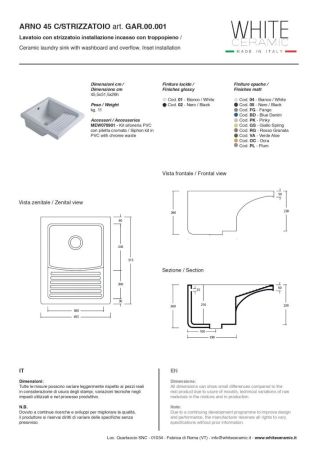 White Ceramic Arno, постирочная/хозяйственная раковина 45х51.5х26h см, цвет белый глянцевый, артикул GAR.00.001