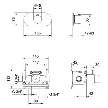 FANTINI FONTANE BIANCHE Смеситель настенный встраиваемый, термостатический, цвет Matt Gun Metal PVD, артикул 47 P5 P300B