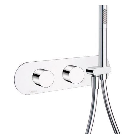 Смеситель для душа, Carimali, на 3 потребителя, тип открывания воды-вентильный, тип регулирования воды-прогрессивный картридж, монтаж-настенный встраиваемый, в комплекте-держатель для душа, гладкий гибкий шланг против скручивания из ПВХ, ручной душ-цилинд, артикул 21938EST/A-CR