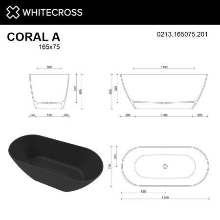 Ванна WHITECROSS Coral A 165x75 (черный мат) иск. камень, артикул 0213.165075.201