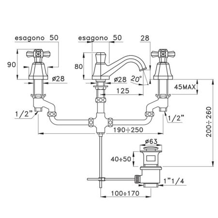 Stella Eccelsa Смеситель для раковины на 3 отверстия 3224, с донным клапаном, цвет: хром