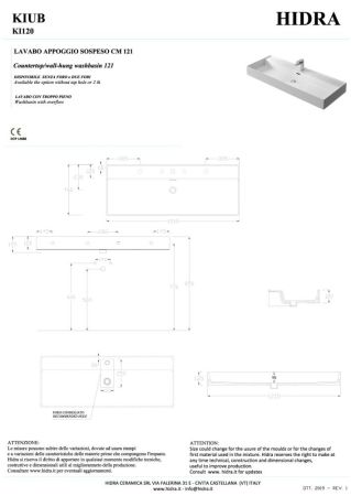 Hidra Kiub, накладная/подвесная прямоугольная раковина 121x46x12h см, цвет белый матовый, артикул KI120/006