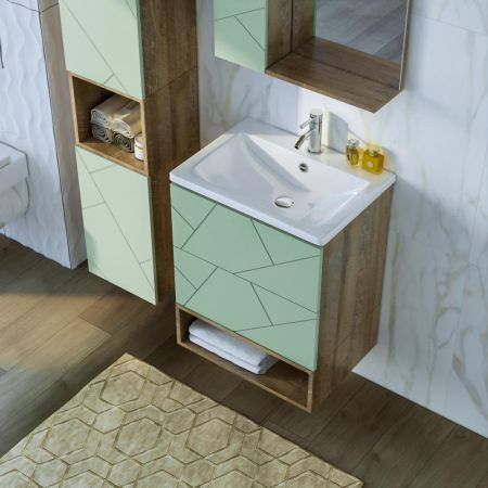 Тумба с раковиной и нишей Бриклаер КРИСТАЛЛ 60F, фисташковый/дуб гранж песочный, артикул КРИСТАЛЛ 60F