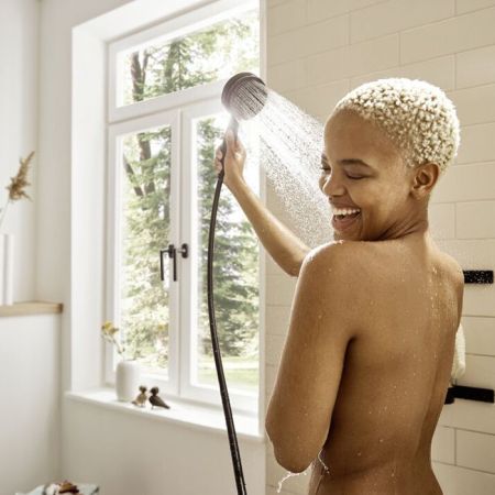 Ручной душ, Hansgrohe, Pulsify Select S, размер душевого диска, мм-105, форма-круглая, количество режимов-3, тип струи-PowderRain, IntenseRain, массажная, цвет-черный матовый, артикул 24111670