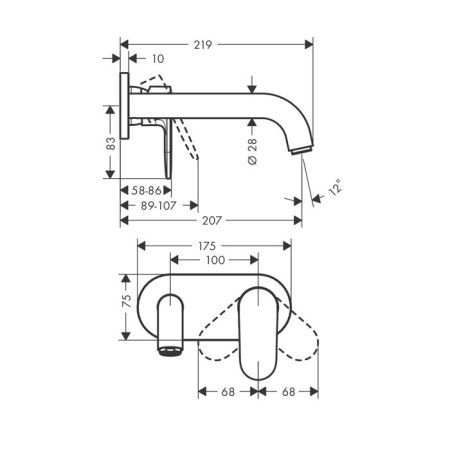 Смеситель для раковины, Hansgrohe, Vernis Shape, тип открывания воды-рычажный, тип регулирования воды-керамический картридж, тип установки-встраиваемый, отверстия для монтажа-2, высота, мм-75, вынос излива, мм-207, тип излива-неподвижный, материал ручки-м, артикул 71578670