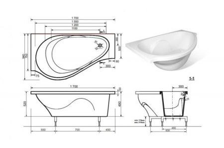 Ванна из искусственного камня Эстет Грация 170x94 Белая левая