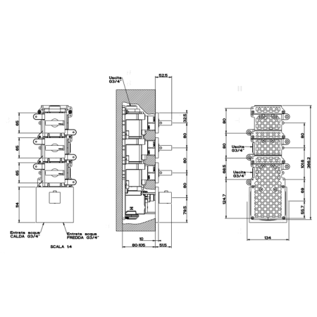 Gessi Rettangolo Встраиваемый термостат, подключение на 3/4”, с 3мя независимыми выходами(внешние части), цвет: хром
