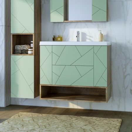 Тумба с раковиной и нишей Бриклаер КРИСТАЛЛ 90F, фисташковый/дуб гранж песочный, артикул КРИСТАЛЛ 90F