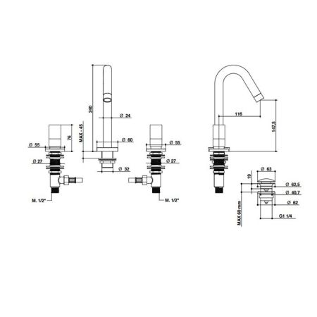 Bongio Aqua Смеситель для раковины на 3 отв, ручки черный мрамор, цвет золото