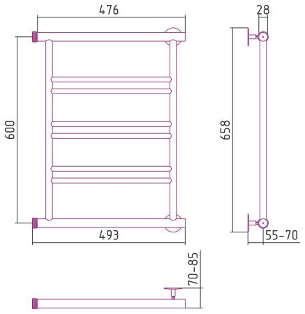 Полотенцесушитель СТИЛЬЕ "Минор 0601" 600х500 (2+2+2) П (Без покрытия), артикул 00601-6050