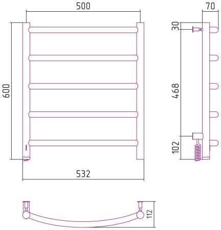 Полотенцесушитель, Сунержа, Галант 4.0, электрический, ширина, мм-532, глубина, мм-112, высота, мм-600, перемычка-выгнутая, межосевое расстояние-500, подключение-нижнее слева, электрокомплект-МЭМ, мощность, Вт-90, материал-нержавеющая сталь, назначение-си