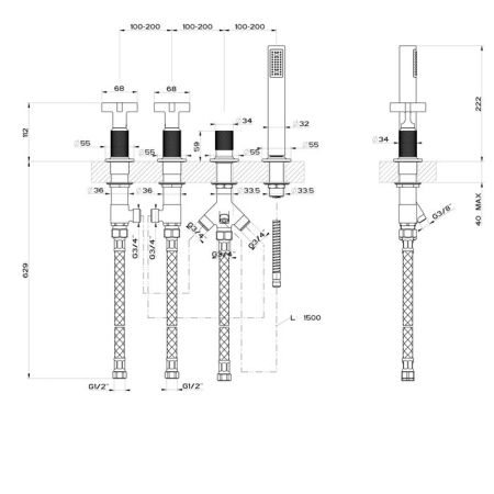 GESSI INCISO Смеситель для ванны на 4 отверстия для наполнения через слив-перелив, переключатель, с ручным душем, цвет: Black XL, артикул 58143#299