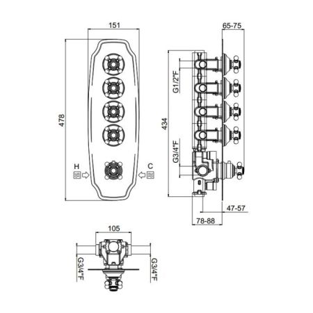 Carimali COLONIAL  Внешняя часть вертикальная для термостатического смесителя с 4-ю независимыми выходами, цвет хром, артикул 21044EST-CR