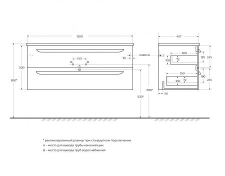 ECO-CER-N База под раковину подвесная с двумя выкатными ящиками, Фисташковый Софт, 1200x457x500, ECO-CER-N-1200-2C-SO-PS-P, артикул ECO-CER-N-1200-2C-SO-PS-P
