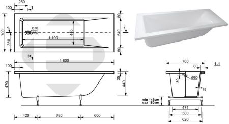 Ванна из искусственного мрамора Aquanet Bright Stone 180x70
