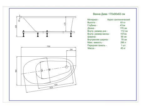 Ванна Дива 170*90 правая, артикул DIV170-0000003