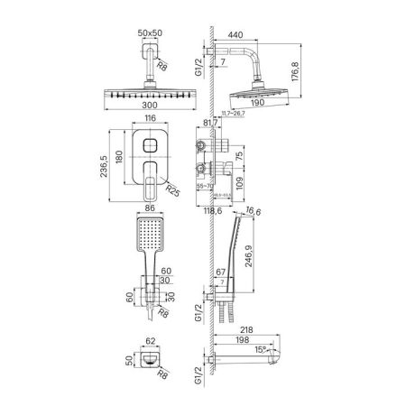 Душевая система с тропическим душем, ручным душем и изливом IDDIS Slide (SLIBL03i68), артикул SLIBL03i68