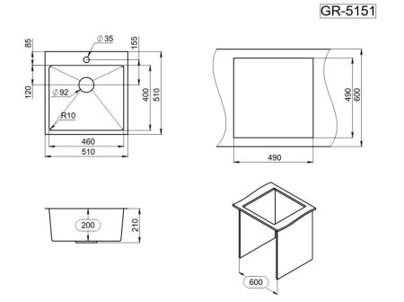 Кухонная мойка GRANULA (5151, ГРАФИТ МАТОВЫЙ), артикул 5151, ГРАФИТ МАТОВЫЙ