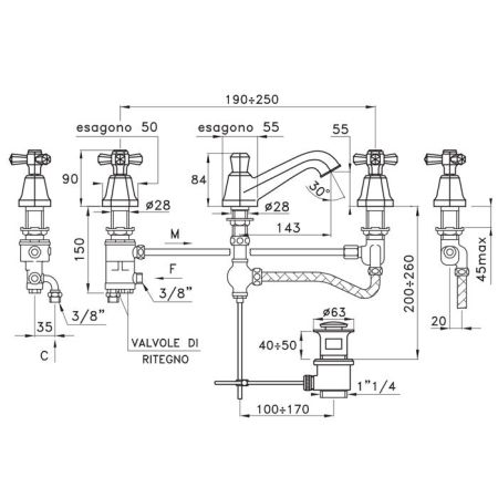 Stella Eccelsa Смеситель для раковины на 3 отверстия 3224PTC, с донным клапаном, цвет: хром