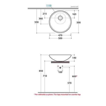 Globo Le Pietre Раковина накладная круглая 50хh14 см, с донным клапаном, цвет вулканический серый, артикул LAT50.PG