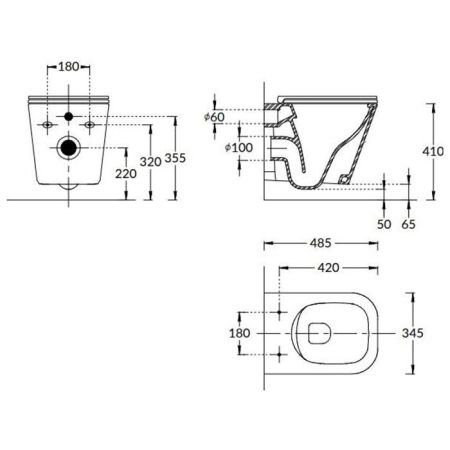 Унитаз CUBO подвесной безободковый с крепежом и сиденьем, белый глянцевый