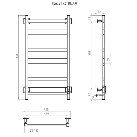 Полотенцесушитель электрический (лесенка) Тругор Пэк сп 21 кв 80х40 см, черный, артикул ПЭК сп 21кв/8040чернВГП