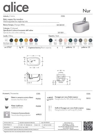 Alice Nur, подвесное биде c крепежом fix10, 57x37 см, цвет белый глянцевый, артикул 33130101