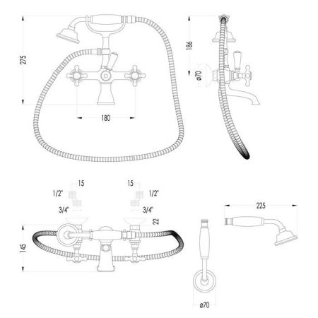 Devon&Devon Austin Смеситель для ванны настенный  с лейкой и шлангом, цвет хром, артикул UTAU933CR