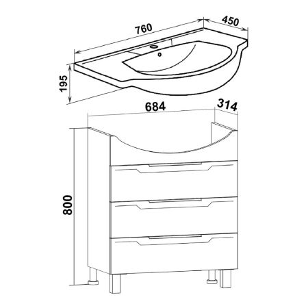 Тумба Runo Верона 75 под умывальник УТ000001314 (Элеганс 75) (00000001146), артикул 00000001146