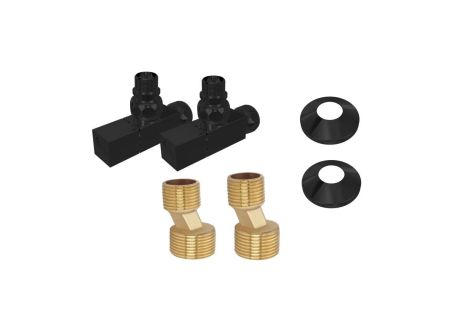 Комплект фитингов для нижнего подключения водяных полотенцесушителей типа лесенка Aquatek ( вентиль квадрат г/ш 3/4х1/2 - 2 шт + эксцентрик 3/4х1/2 - 2 шт + отражатель 3/4 - 2 шт), цвет черный муар, артикул AQ 2020BL