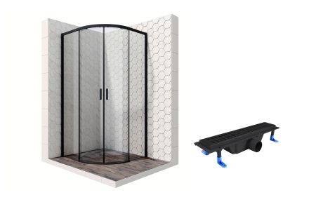 Душевой уголок Ambassador Queen Black 11011201-ST2, полукруглый, линейный трап, 90х90, артикул 11011201-ST2